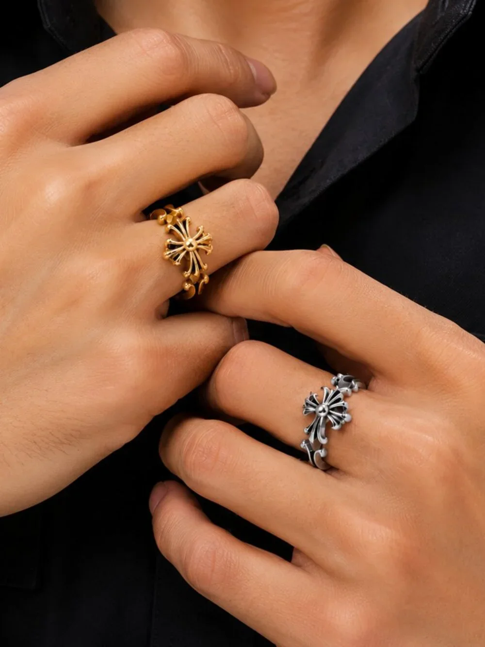 316L Stainless Steel 18k Yellow Gold Plated Flared Cross Ring